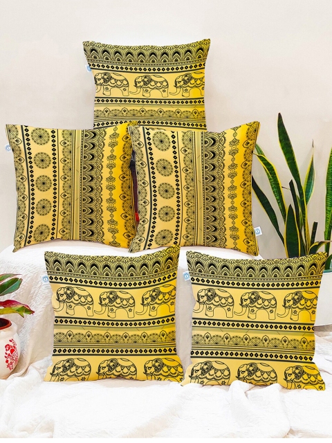 

STITCHNEST Black & Yellow Set of 5 Floral Square Cushion Covers
