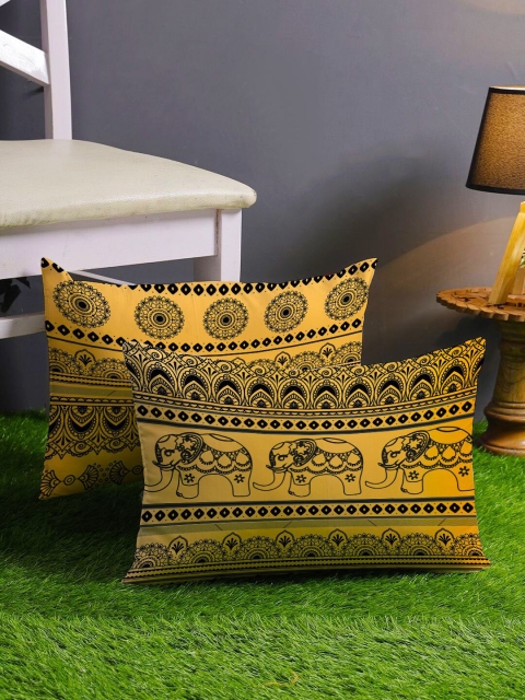 

STITCHNEST Black & Yellow Set of 2 Rectangle Cushion Covers