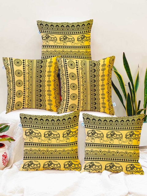

STITCHNEST Yellow & Black Set of 5 Ethnic Motifs Square Cushion Covers
