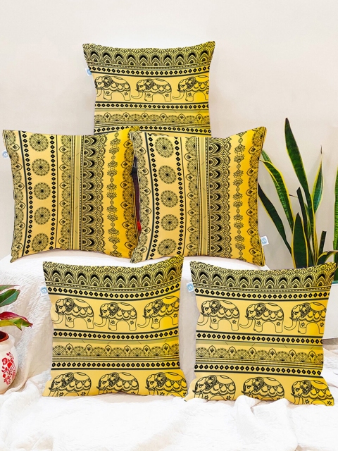 

STITCHNEST Black & Yellow Set of 5 Ethnic Motifs Square Cushion Covers