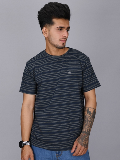 

FRENCH CROWN Men Navy Blue Striped T-shirt