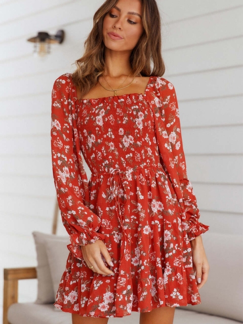 

MERCHE Women Red Floral A-Line Dress