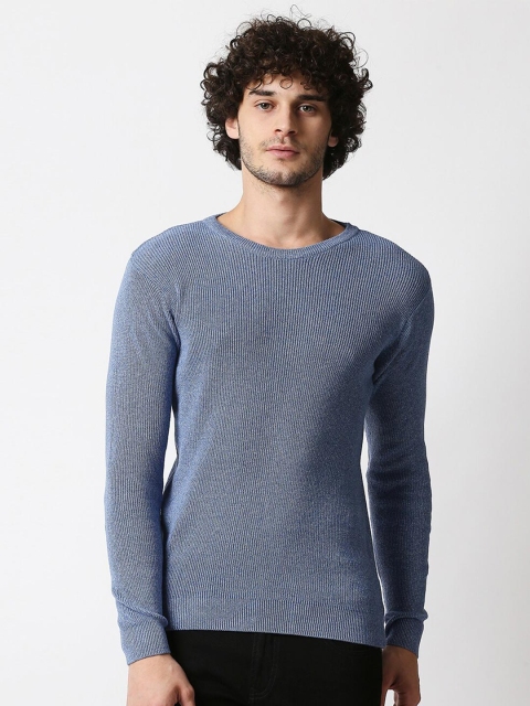 

Blamblack Men Light Blue Solid Flat Knit Full Sleeves Slim Fit Tshirt