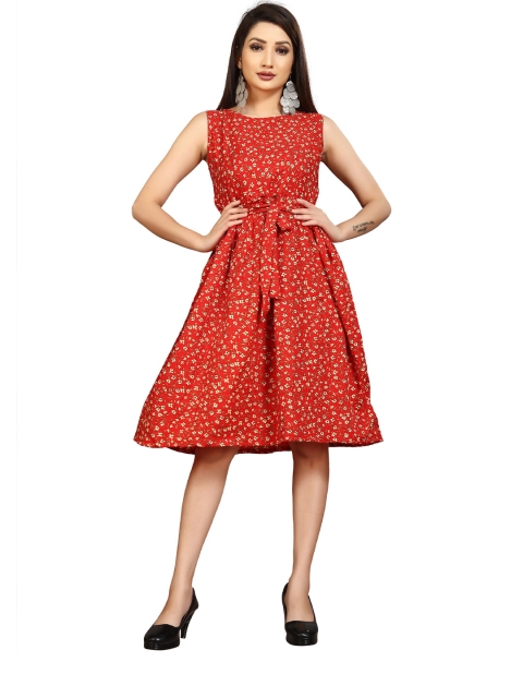 

MODLI 20 FASHION Women Red & Beige Floral Crepe Dress