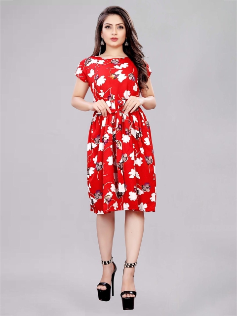 

MODLI 20 FASHION Womens Red & White Floral Crepe Dress