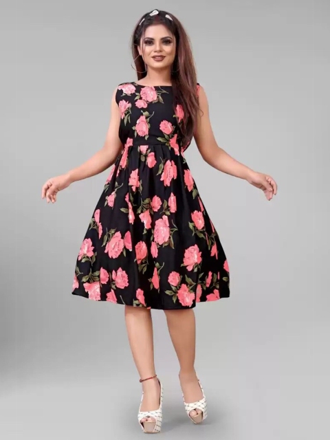 

MODLI 20 FASHION Black & Pink Floral Crepe Dress