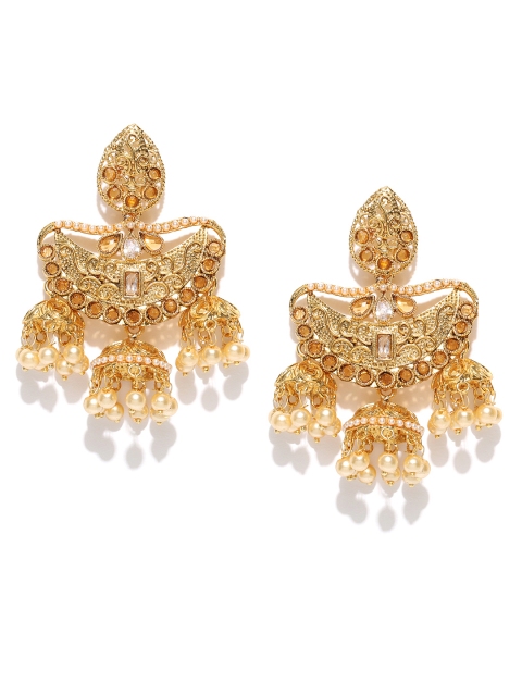 

PANASH Gold-Plated Teardrop-Shaped Stone-Studded Jhumkas