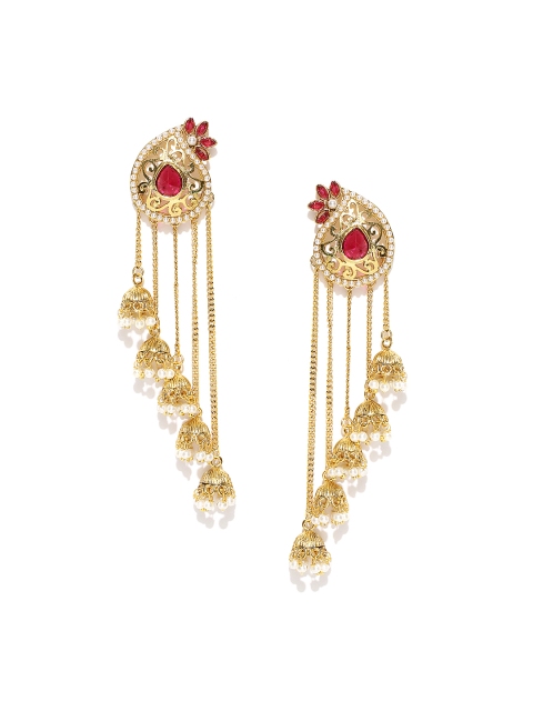 

PANASH Pink Gold-Plated Paisley-Shaped Stone-Studded Drop Earrings