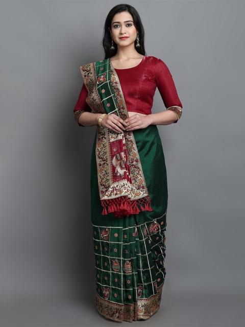 

ASPORA Women Green & Maroon Ethnic Motifs Pure Silk Heavy Work Kanjeevaram Saree