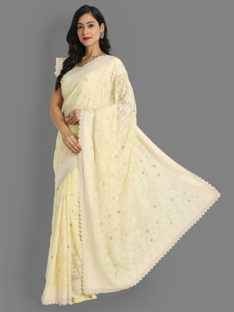 

ASPORA Women Yellow & White Floral Lucknowi Embroidered Pure Georgette Heavy Work Saree