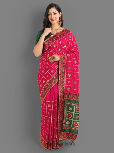 

ASPORA Pink & Green Ethnic Motifs Pure Silk Heavy Work Maheshwari Saree