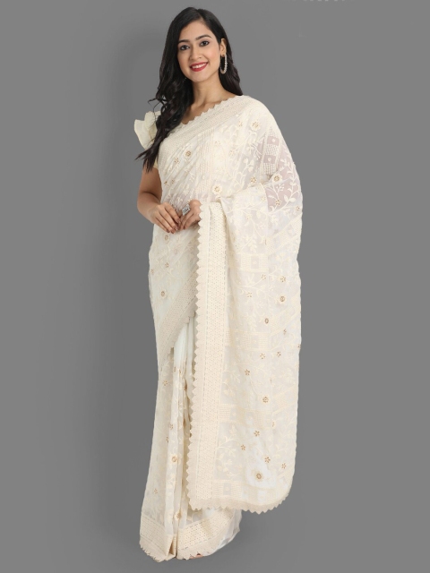 

ASPORA Women Off White Lucknowi Embroidered Pure Georgette Heavy Work Gadwal Saree