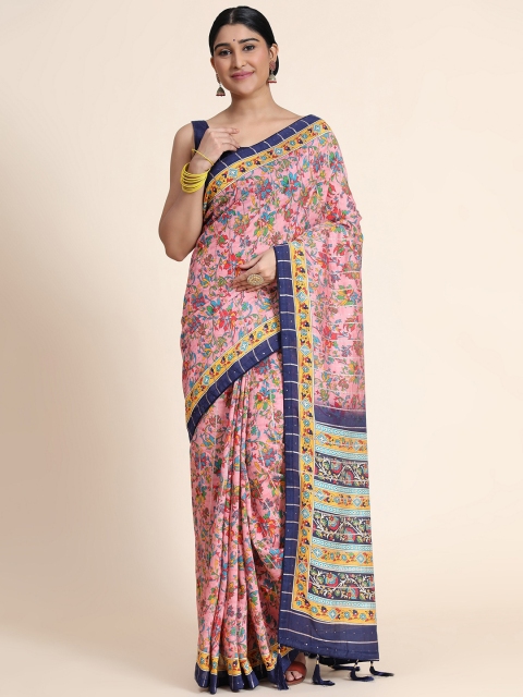 

ASPORA Women Pink & Yellow Floral Digital Printed Fusion Jamdani Saree