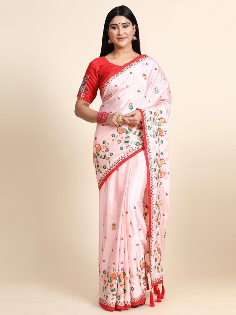 

ASPORA Women Pink & Red Ethnic Motifs Pure Crepe Heavy Work Banarasi Saree