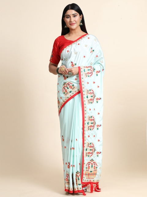 

ASPORA Blue & Red Ethnic Motifs Pure Crepe Heavy Work Banarasi Saree with Tassels