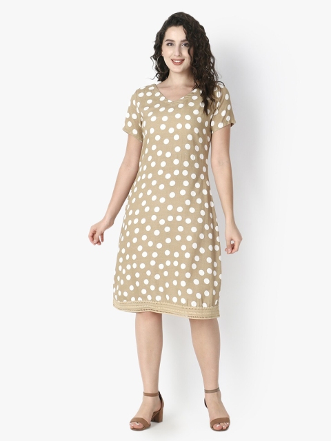

Again fashions Taupe Polka Dots Printed A-Line Dress