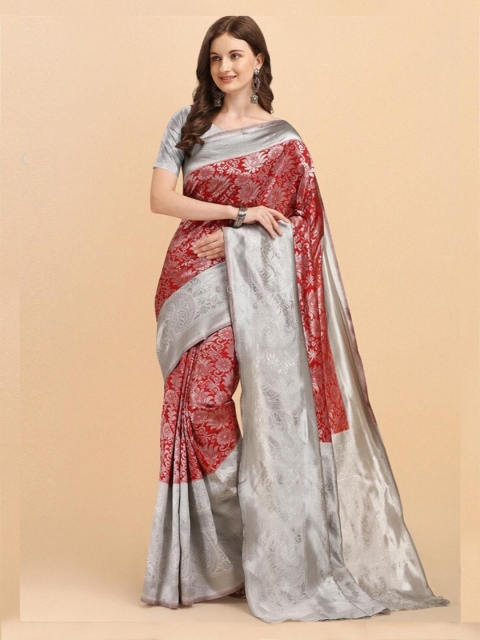 

Fashionuma Women Red & Silver-Toned Floral Cotton Blend Zari Saree