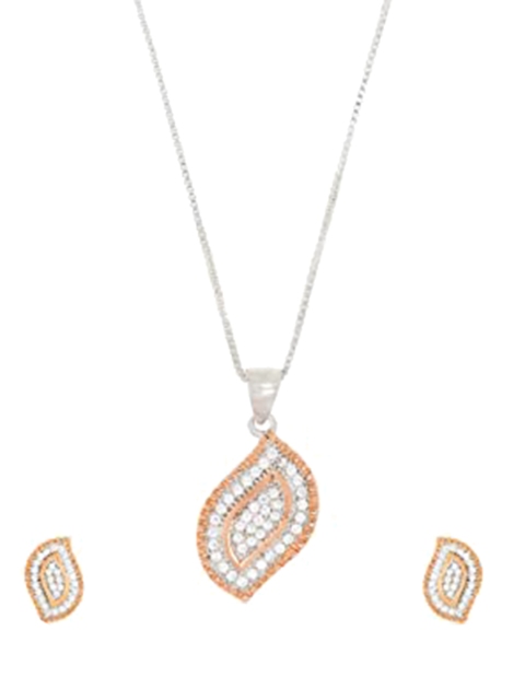 

ANAYRA Women White Leafy Diamond Pendant Jewellery Set, Silver