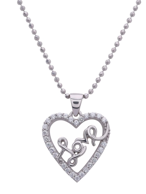 

ANAYRA 925 Sterling Silver-Toned & White Stone Studded Heart Pendant