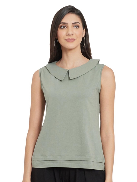 

UNMADE Women Olive Green Peter Pan Collar Top