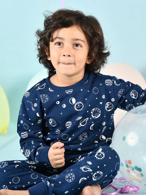 

Anthrilo Boys Navy Blue & White Printed Cotton Night suit
