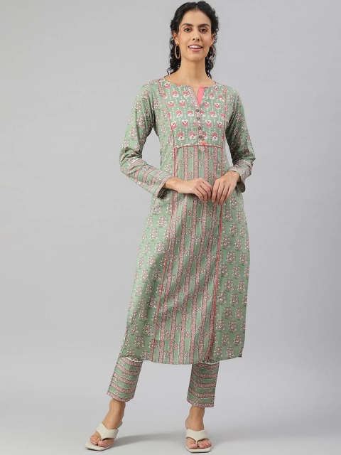 

METRO-FASHION Women Green Floral Printed Pure Cotton Kurta with Trousers