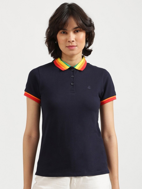 

United Colors of Benetton Women Navy Blue Regular Fit Polo Collar T-shirt