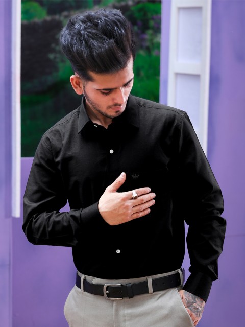 

FRENCH CROWN Men Black Standard Pure Linen Formal Shirt