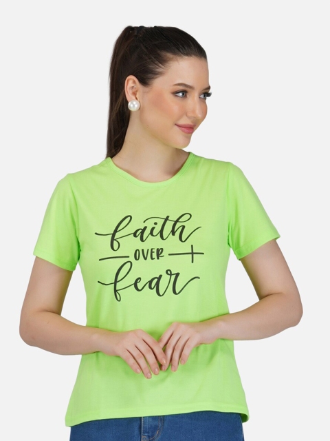 

BASE 41 Women Fluorescent Green Typography Printed Slim Fit T-shirt