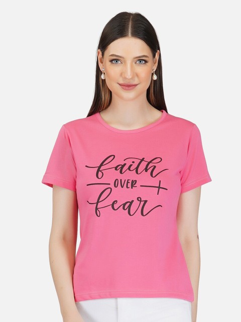 

BASE 41 Women Pink Printed Drop-Shoulder Sleeves Applique Slim Fit T-shirt