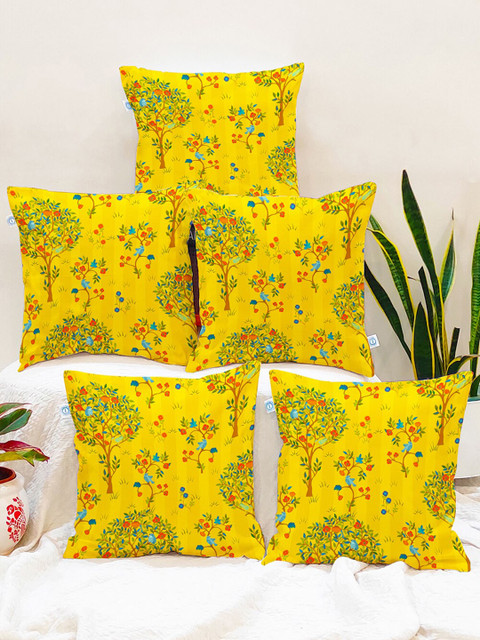 

STITCHNEST Adults Yellow & Green Set of 5 Floral Printed Square Cushion Covers