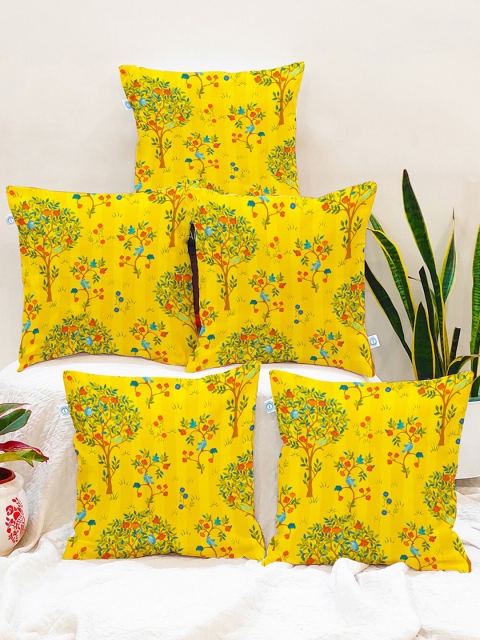 

STITCHNEST Adults Yellow & Green Set of 5 Floral Printed Square Cushion Covers