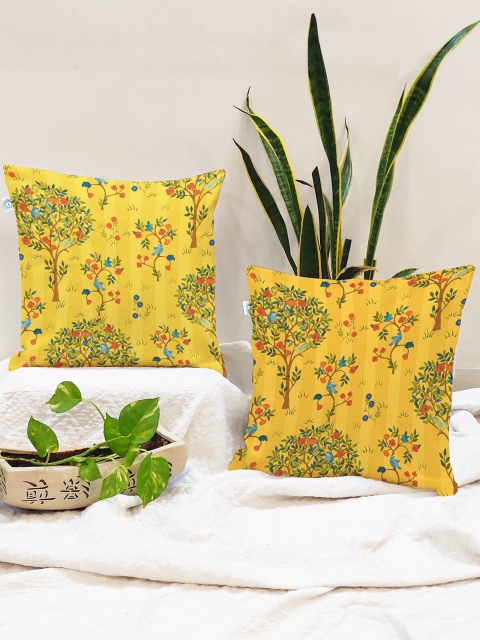 

STITCHNEST Yellow & Green Set of 2 Floral Printed Square Cushion Covers