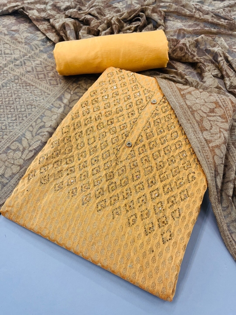 

JATRIQQ Women Yellow & Brown Jacquard Woven Design Dress Material With Dupatta