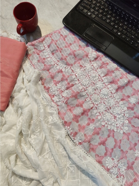 

SALWAR STUDIO Pink & White Embroidered Silk Georgette Unstitched Dress Material