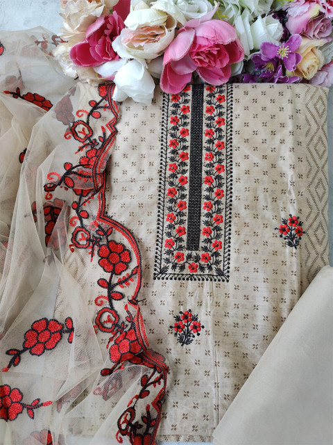 

SALWAR STUDIO Cream-Coloured & Red Embroidered Unstitched Dress Material