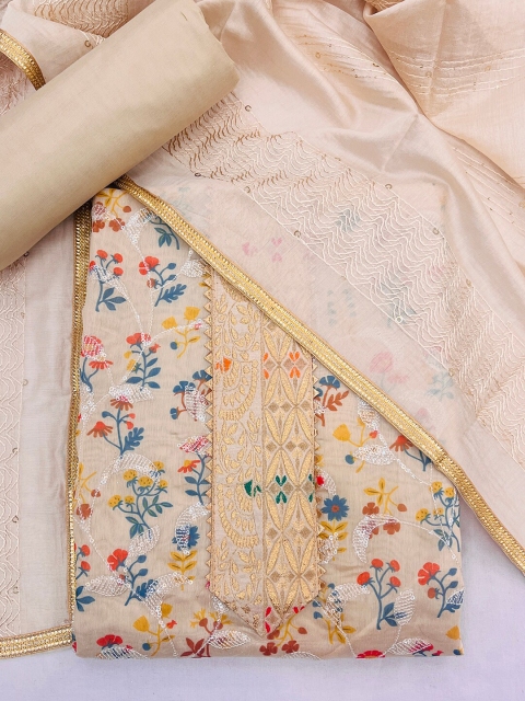 

JATRIQQ Cream-Coloured & Yellow Embroidered Unstitched Dress Material
