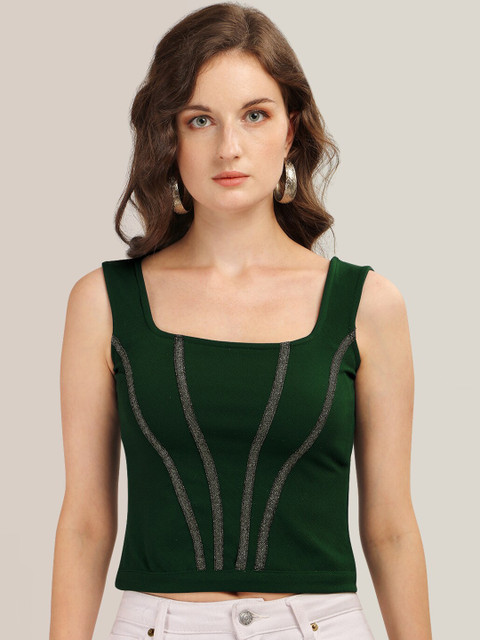 

Prettify Women Green Embellished Sleeveless Crop Top