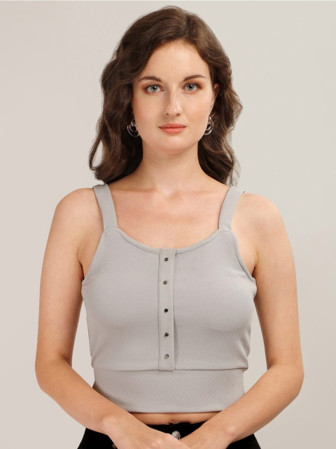 

Prettify Women Grey Solid Shoulder Strap Pure Cotton Crop Top