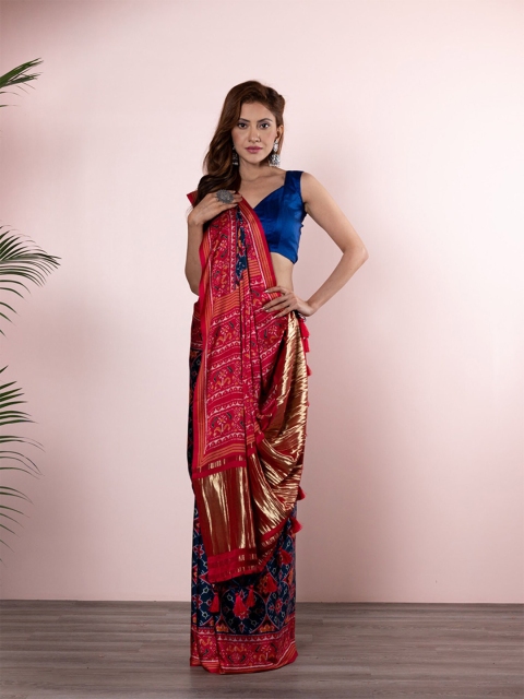 

BEATITUDE Red & Navy Blue Ethnic Motifs Silk Blend Saree