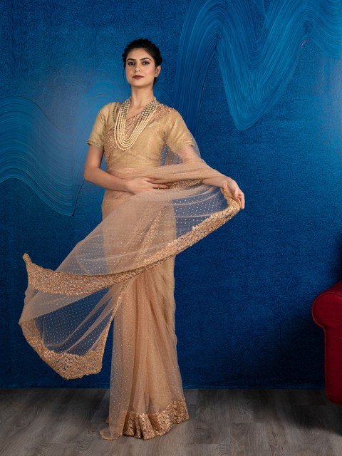 

BEATITUDE Gold-Toned Net Embroidered Saree
