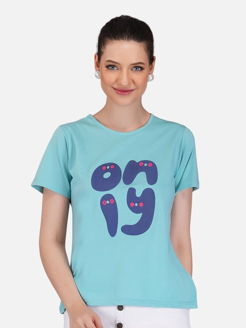 

BASE 41 Women Turquoise Blue & Blue Typography Printed Slim Fit T-shirt