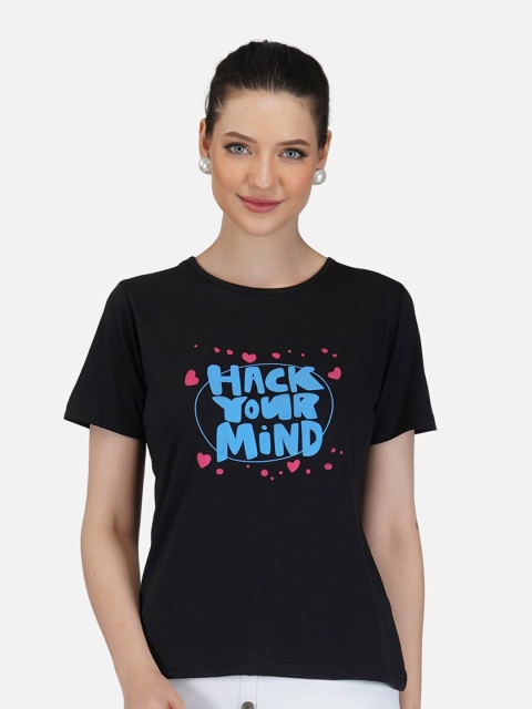 

BASE 41 Women Black Printed Applique Slim Fit T-shirt