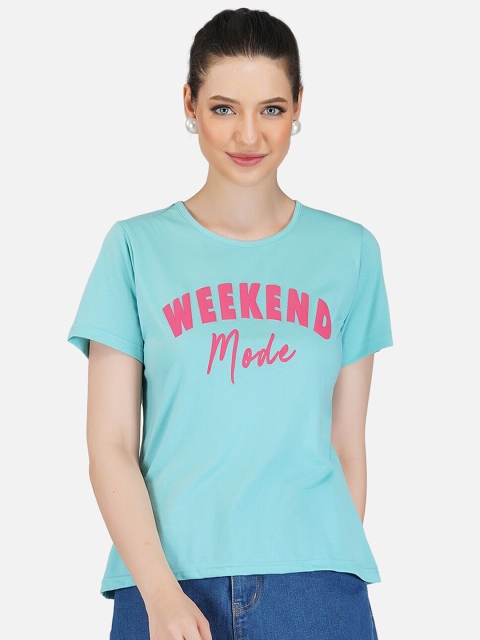 

BASE 41 Women Turquoise Blue Typography Printed T-shirt