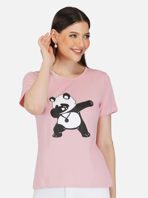 

BASE 41 Women Pink Panda Print Slim Fit T-shirt