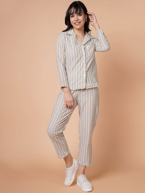 

HOUSE OF S Women Yellow & Grey Striped Night suit