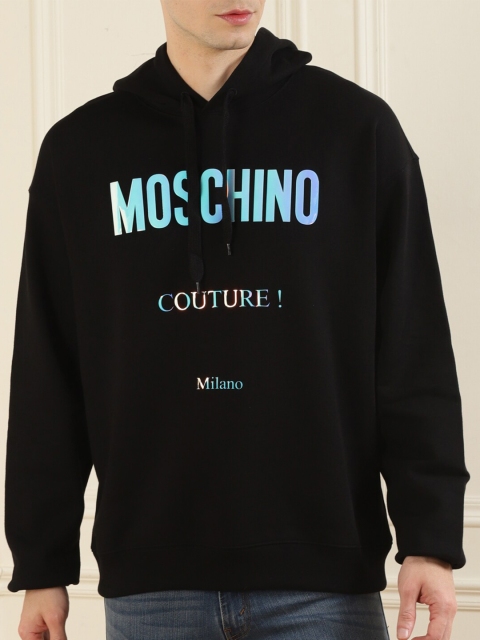 

MOSCHINO COUTURE Men Black Printed Pure Cotton Hooded Sweatshirt