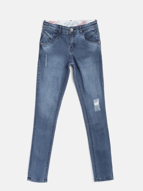 

Palm Tree Girls Blue Regular Fit Mid-Rise Low Distress Stretchable Jeans