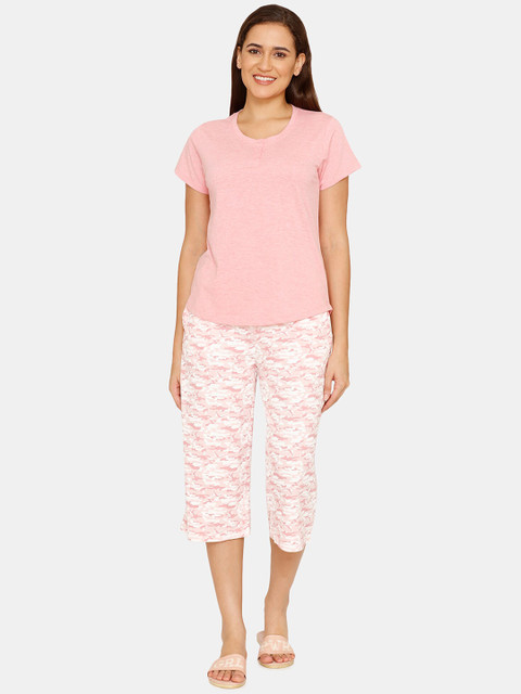 

Zivame Women Pink & White Printed Night suit