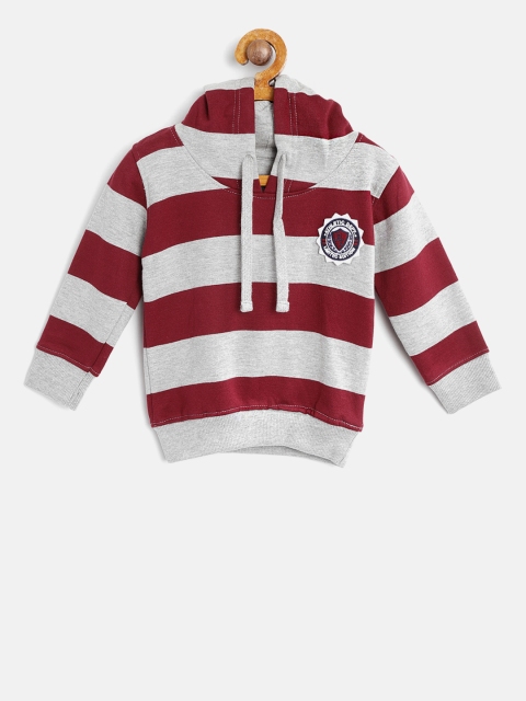 

Palm Tree Boys Grey Melange & Maroon Striped Hooded Sweatshirt